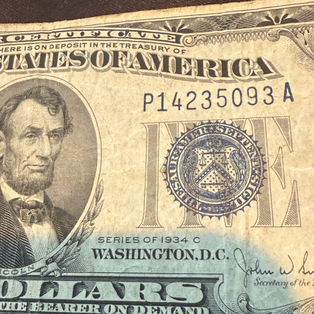 $5 Silver Certificate, series 1934C with a blue seal. Serial number P14235083A. - Picture 4 of 4